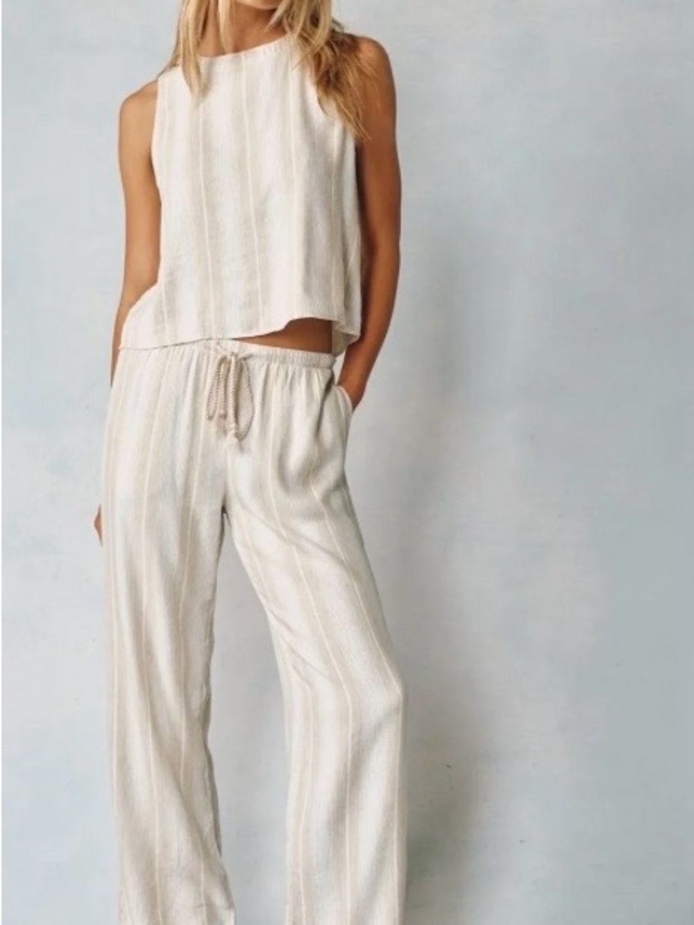 Bella Dahl Cream striped Wide-Leg Drawstring Pants